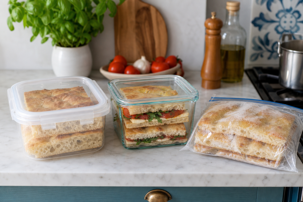 Focaccia semplice e farcita in contenitori diversi per la conservazione