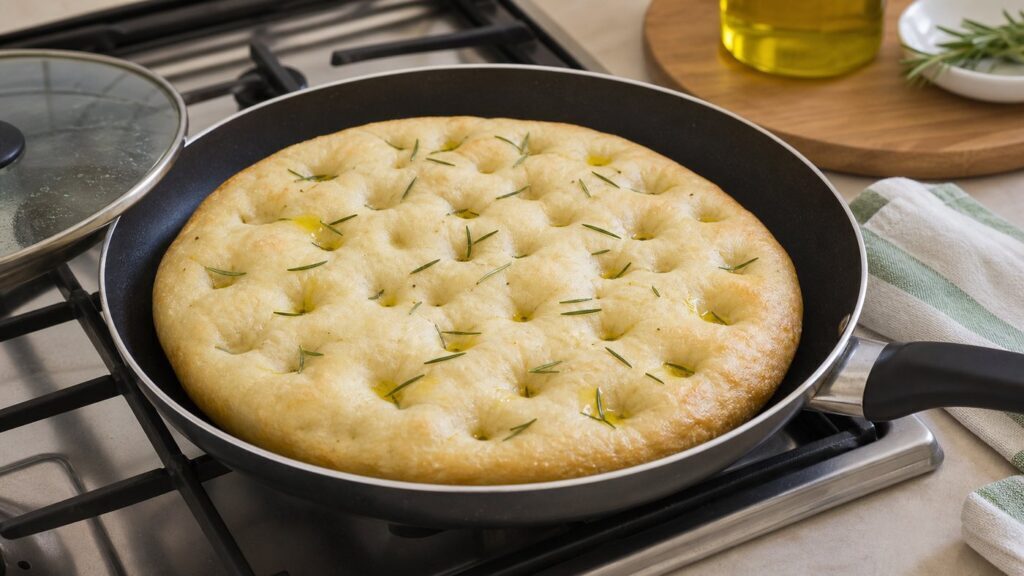 Focaccia che cuoce in padella sul fornello