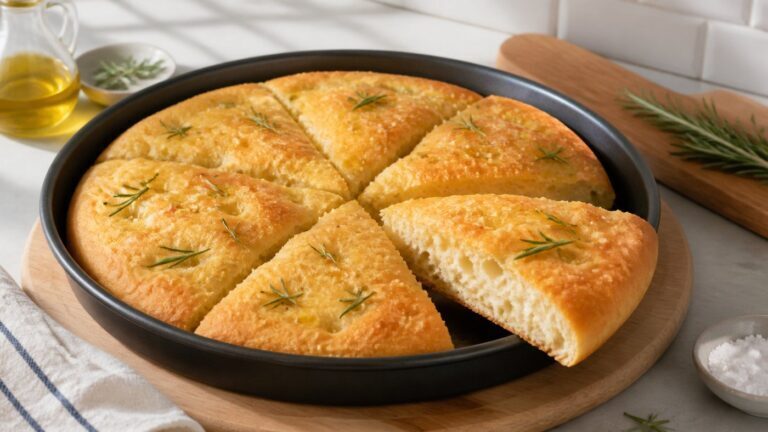 Focaccia in padella dorata tagliata a spicchi su un tagliere
