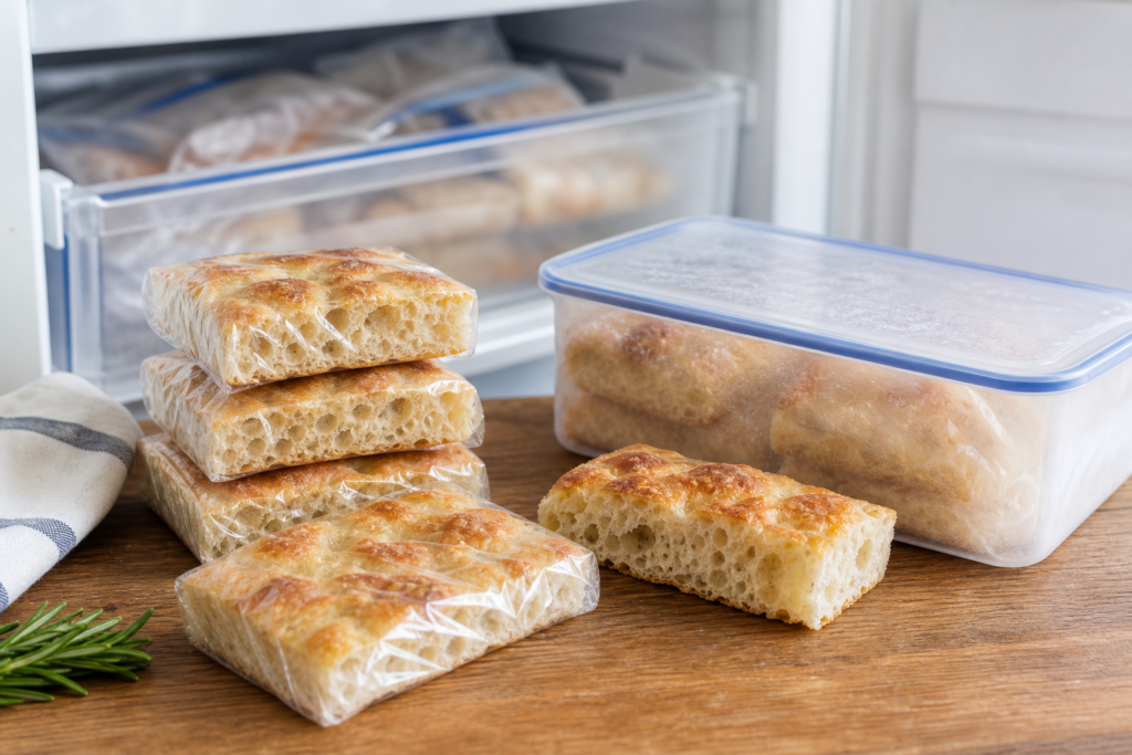 Porzioni di focaccia avvolte singolarmente prima del congelamento