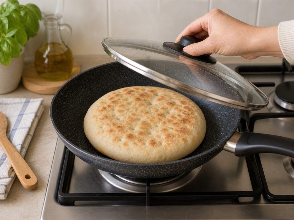 Pane cotto in padella con coperchio su un piano cottura