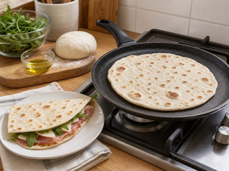 Piadina fatta in casa cotta in padella con ingredienti semplici
