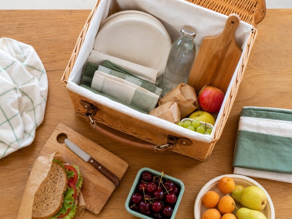 Cestino da picnic preparato con piatti riutilizzabili, tovaglioli, frutta, panini e borraccia