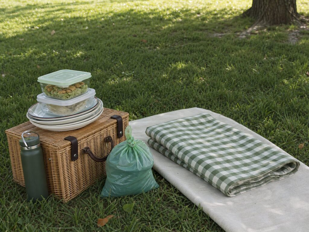 Picnic riordinato con contenitori chiusi, coperta piegata e sacchetto per i rifiuti