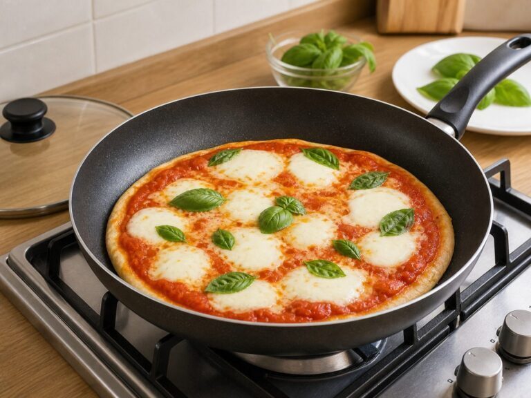 Pizza in padella con pomodoro mozzarella e basilico