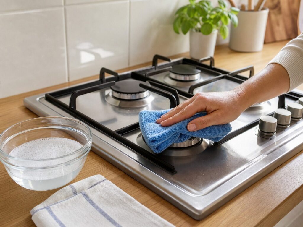 Piano cottura pulito con panno in microfibra e acqua saponata
