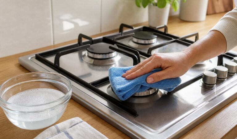 Piano cottura pulito con panno in microfibra e acqua saponata
