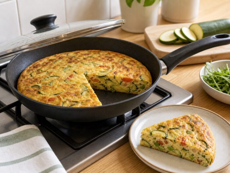 Torta salata cotta in padella con verdure e fetta servita