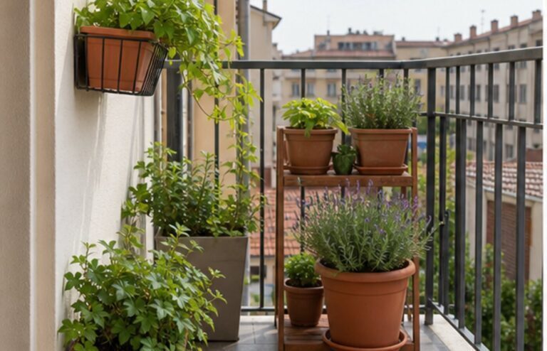 balcone piccolo con piante ordinate