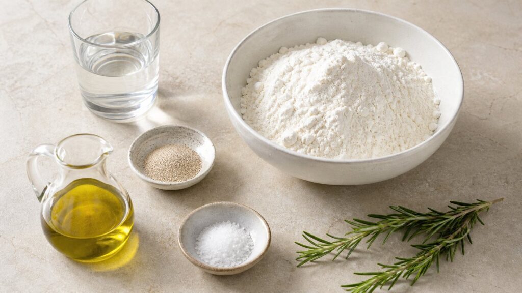 Ingredienti per preparare la focaccia in padella disposti sul piano cucina