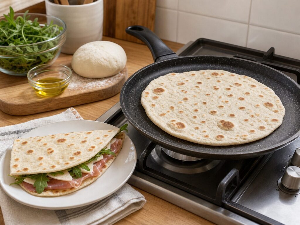 Piadina fatta in casa cotta in padella con ingredienti semplici