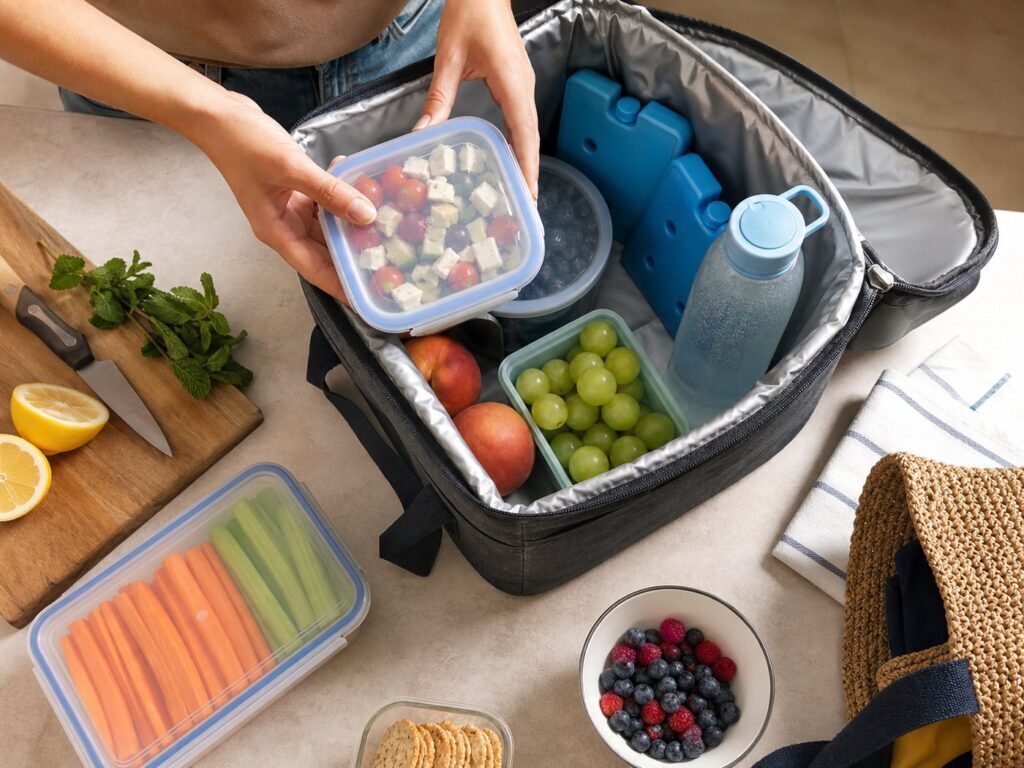Borsa termica preparata con contenitori chiusi, frutta, borraccia e ghiaccioli refrigeranti