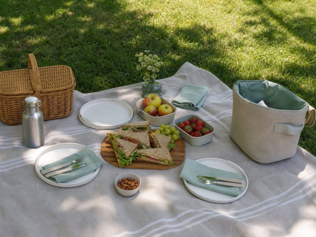 Coperta da picnic organizzata con piatti, panini, frutta, tovaglioli e borraccia