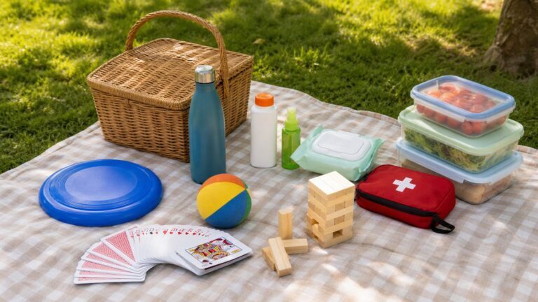 Giochi semplici e oggetti di sicurezza preparati su una coperta da picnic