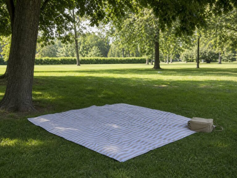 Coperta da picnic sistemata su un prato in ombra in un parco tranquillo