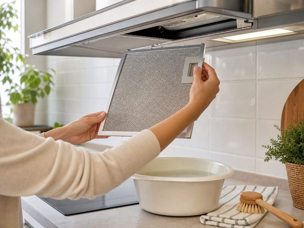 Filtro della cappa da cucina rimosso per la pulizia