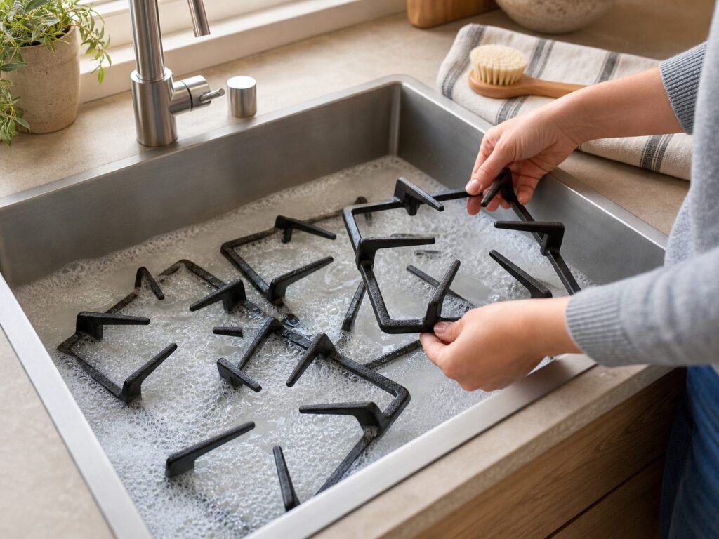 Griglie del fornello in ammollo nel lavello con acqua e sapone