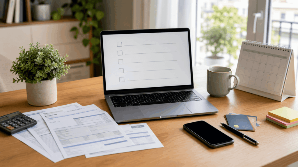 Scrivania ordinata con bollette, calendario e checklist per controllare abbonamenti e pagamenti ricorrenti