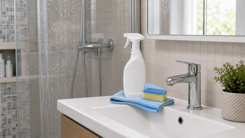 Vetro della doccia con calcare, rubinetto cromato e panni per pulire il bagno