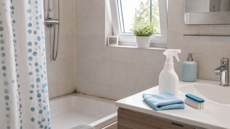Tenda doccia, silicone con muffa e prodotti per arieggiare e pulire il bagno