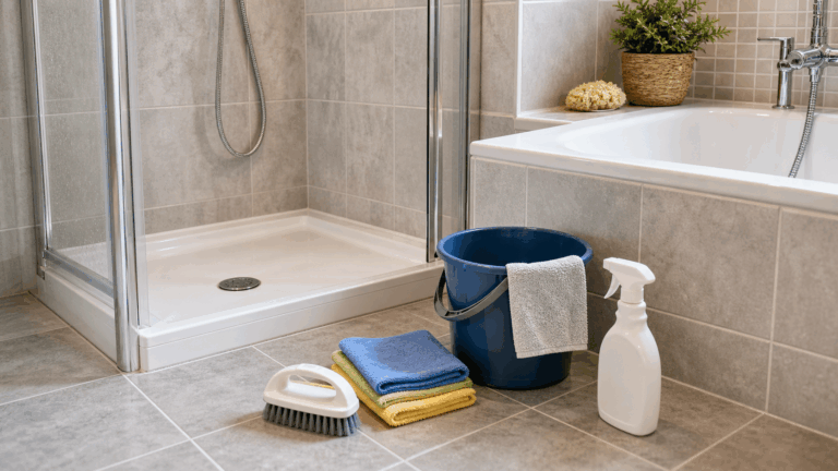 Piatto doccia, vasca e piastrelle del bagno con secchio e panni per la pulizia