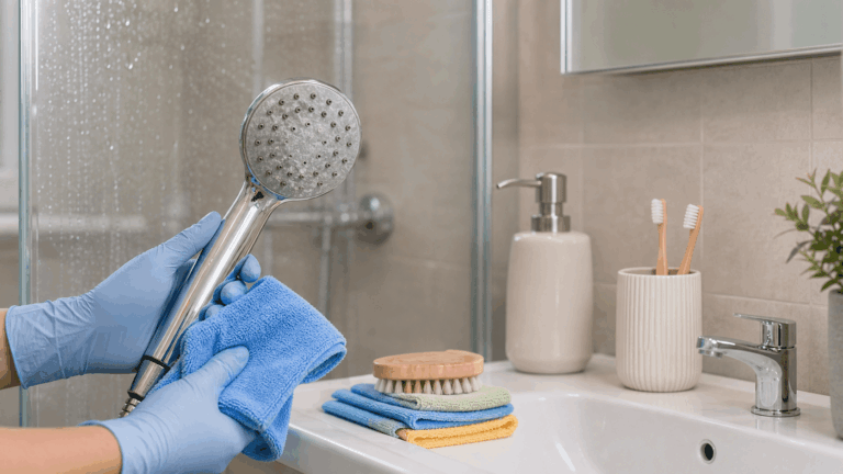 Soffione della doccia con calcare e accessori del bagno da pulire con panni morbidi