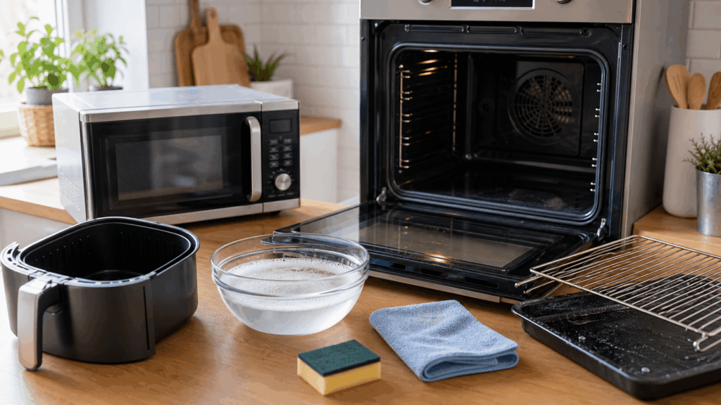 Forno aperto, microonde e cestello friggitrice ad aria pronti per la pulizia