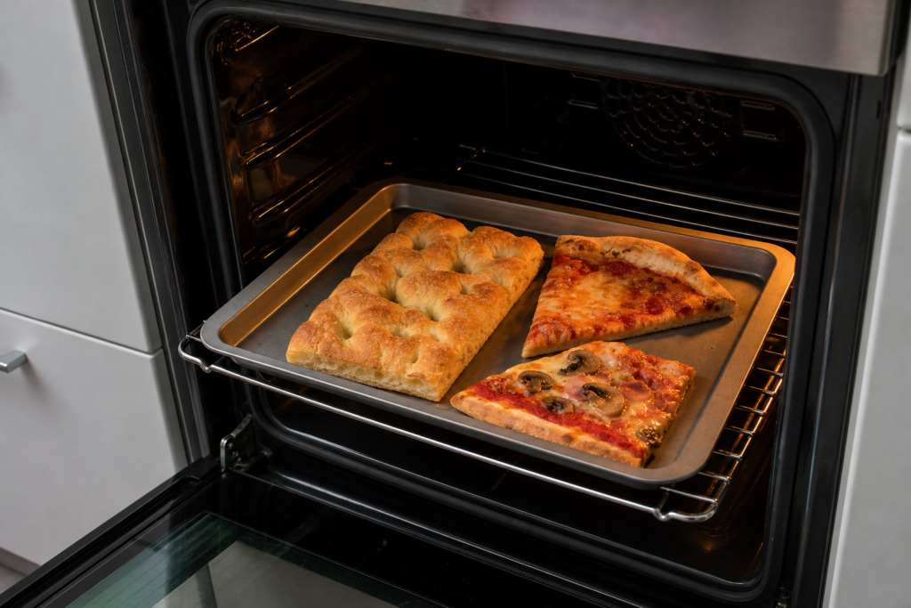 Focaccia e pizza avanzate riscaldate in forno su una teglia