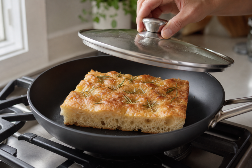 Focaccia del giorno prima riscaldata in padella con coperchio