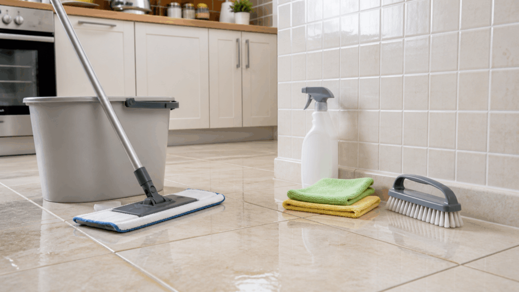 Pavimento e piastrelle della cucina con mop, spazzola morbida e panni per sgrassare