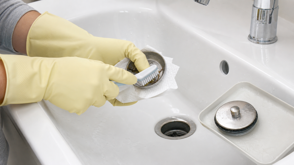 Pulizia del tappo e della piletta del lavabo con guanti e spazzola morbida