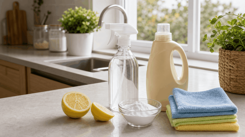 Aceto bicarbonato limone detergente neutro e panni per pulire casa in modo sicuro