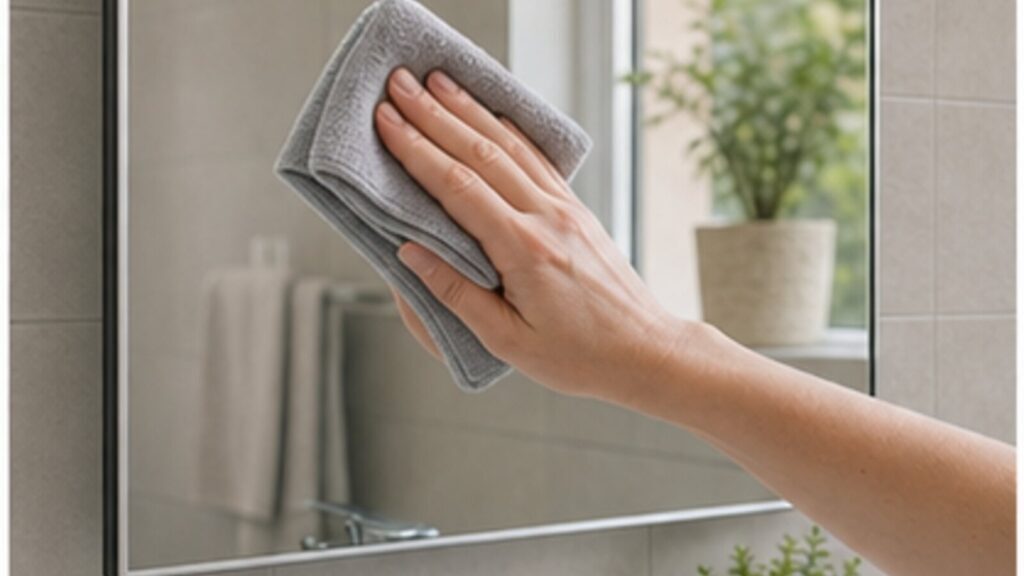 specchio del bagno pulito con panno in microfibra