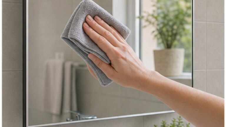 specchio del bagno pulito con panno in microfibra