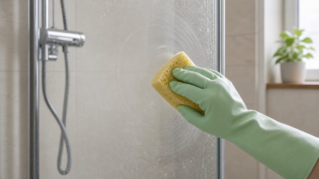 pulizia del vetro doccia con spugna morbida non abrasiva