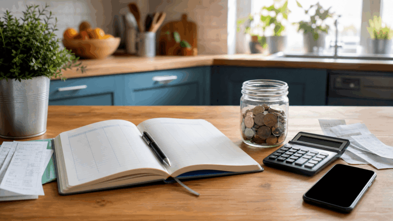 Quaderno del budget familiare con ricevute, calcolatrice e barattolo di monete