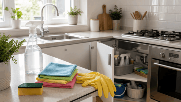 Piano cucina con panni in microfibra, spugna e detergente neutro per pulire a fondo