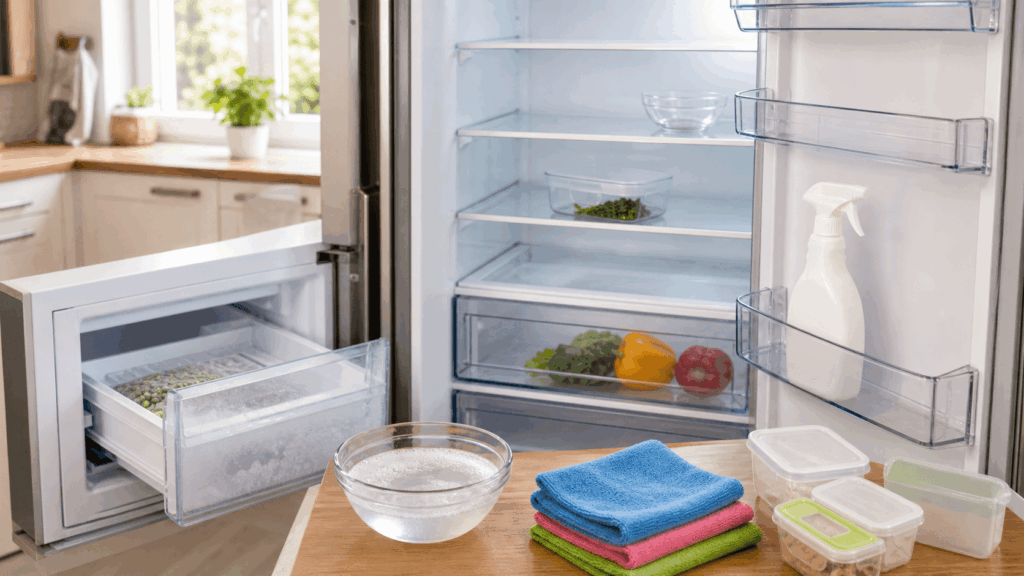 Frigorifero aperto con panni in microfibra e prodotti neutri per pulire frigo e congelatore