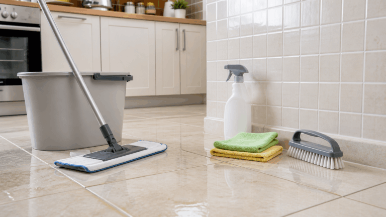 Pavimento e piastrelle della cucina con mop, spazzola morbida e panni per sgrassare