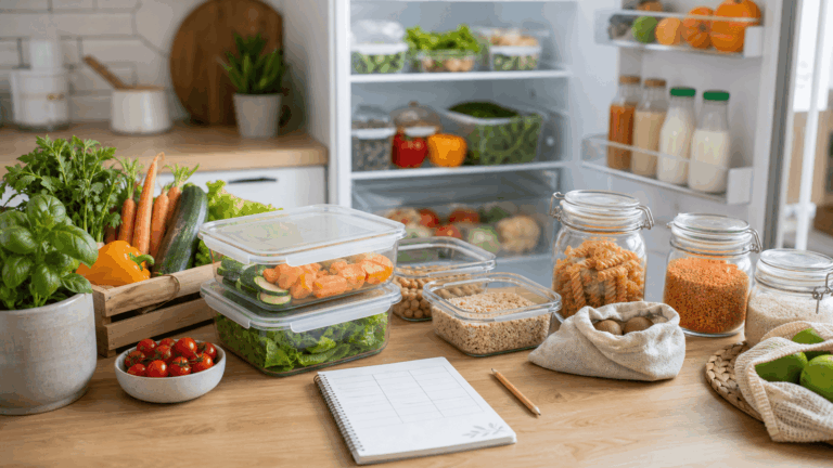 Ingredienti e contenitori organizzati per ridurre sprechi alimentari e pianificare i pasti