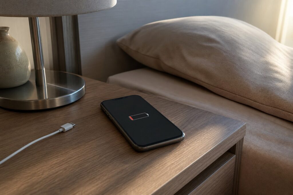 Telefono con batteria scarica sul comodino al mattino