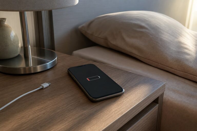 Telefono con batteria scarica sul comodino al mattino