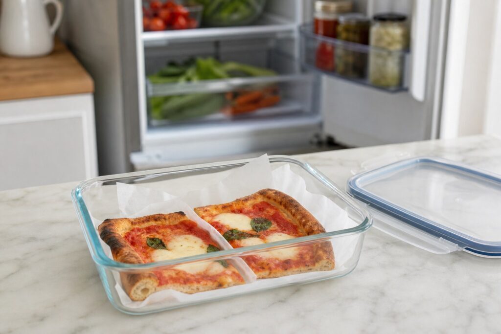 Pizza avanzata sistemata in un contenitore basso per il frigorifero