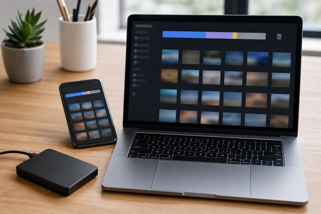 Telefono e computer usati per controllare quali file occupano memoria