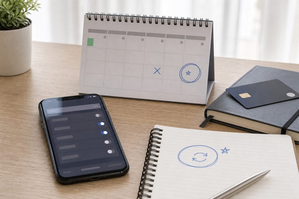 Calendario e telefono usati per controllare la data di un rinnovo automatico