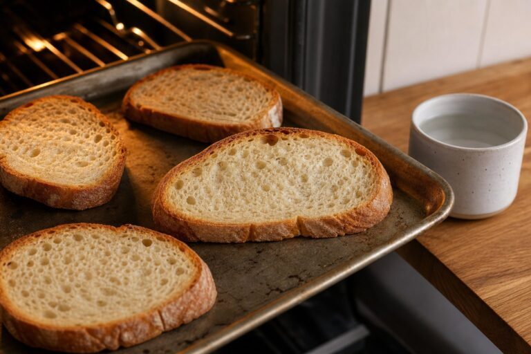 Fette di pane riscaldate su una teglia nel forno di casa