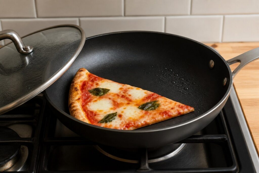 Fetta di pizza riscaldata in padella con coperchio