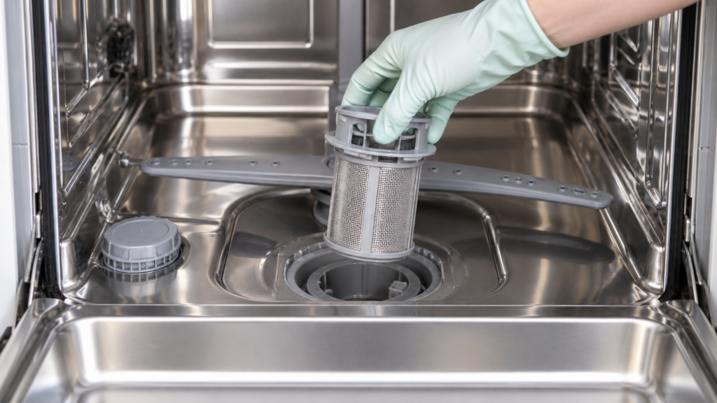 Rimozione del filtro cilindrico dal fondo di una lavastoviglie