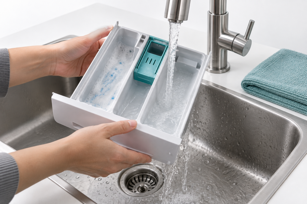 Illustrazione di una vaschetta detersivo rimossa e risciacquata con acqua