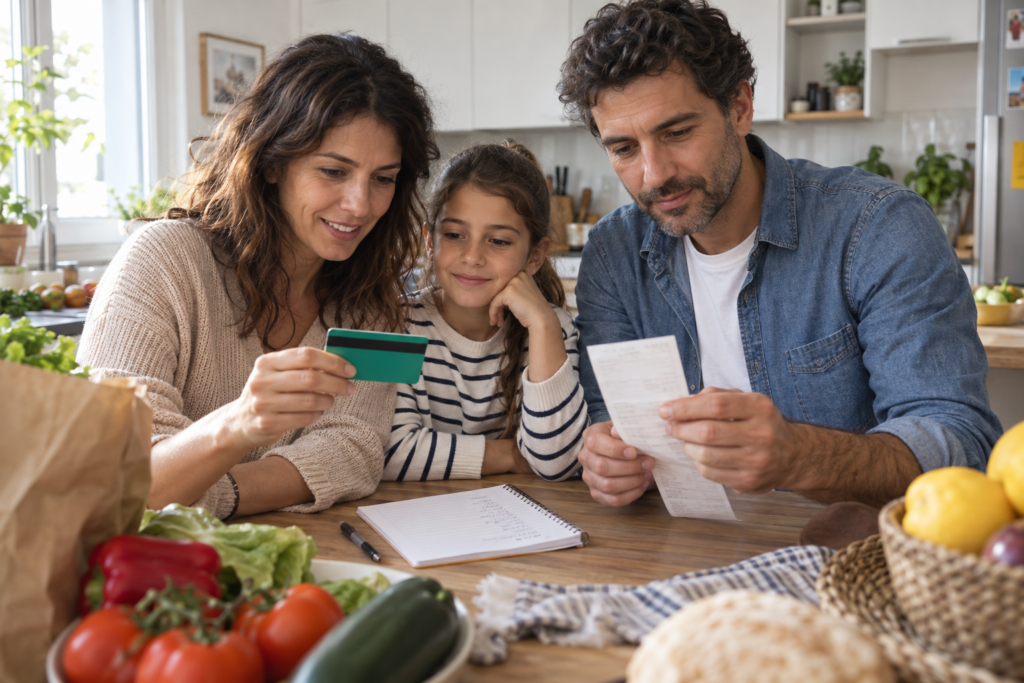 Famiglia che controlla la Carta Dedicata a Te 2026 e le spese alimentari
